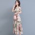 Women Floral Printing Dress Summer Short Sleeves Round Neck Long Skirt High Waist Large Swing Pullover Dress apricot XL