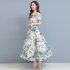 Women Floral Printing Dress Summer Short Sleeves Round Neck Long Skirt High Waist Large Swing Pullover Dress apricot XL