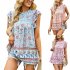 Women Floral Printing Short Sleeve Shirt Loose Casual Flared Sleeves Blouse Summer Simple Pullover Tops blue L