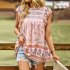 Women Floral Printing Short Sleeve Shirt Loose Casual Flared Sleeves Blouse Summer Simple Pullover Tops blue L