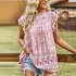 Women Floral Printing Short Sleeve Shirt Loose Casual Flared Sleeves Blouse Summer Simple Pullover Tops blue L