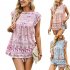 Women Floral Printing Short Sleeve Shirt Loose Casual Flared Sleeves Blouse Summer Simple Pullover Tops blue L