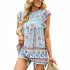Women Floral Printing Short Sleeve Shirt Loose Casual Flared Sleeves Blouse Summer Simple Pullover Tops blue L
