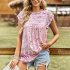 Women Floral Printing Short Sleeve Shirt Loose Casual Flared Sleeves Blouse Summer Simple Pullover Tops blue L