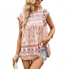 Women Floral Printing Short Sleeve Shirt Loose Casual Flared Sleeves Blouse Summer Simple Pullover Tops