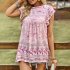 Women Floral Printing Short Sleeve Shirt Loose Casual Flared Sleeves Blouse Summer Simple Pullover Tops pink L