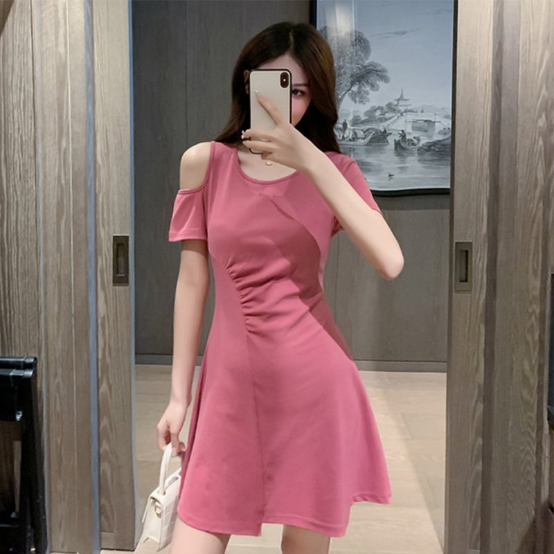 Women French Short Sleeves Dress Elegant Cold Shoulder Solid Color A-line Skirt Casual High Waist Short Dress rose red L