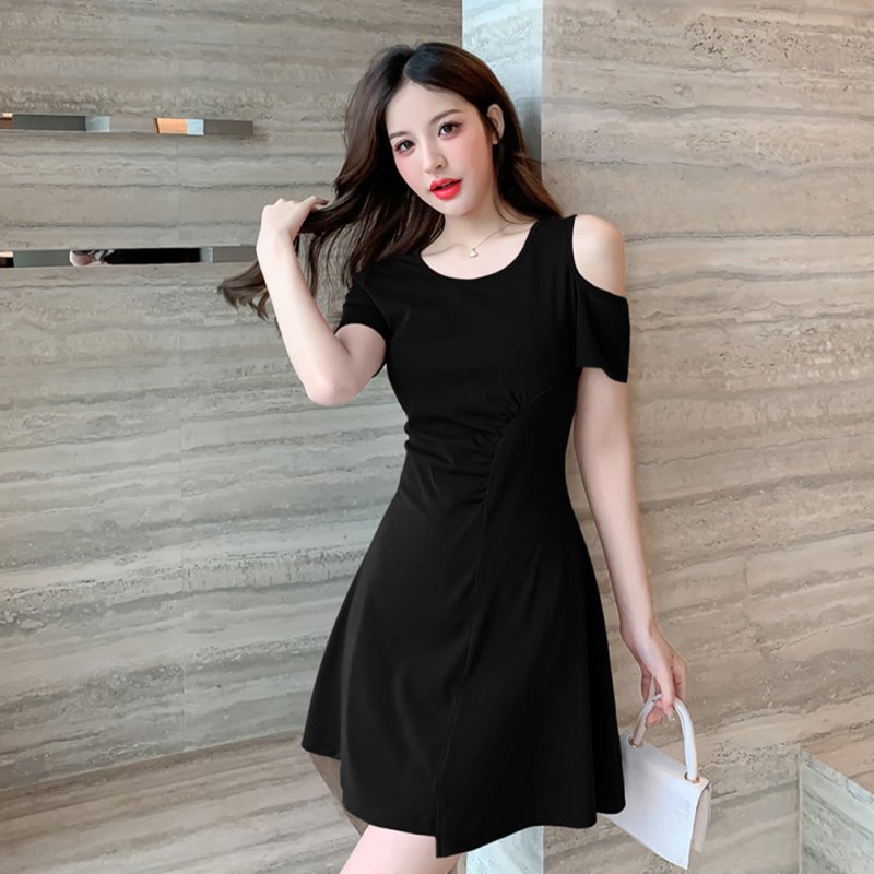 Women French Short Sleeves Dress Elegant Cold Shoulder Solid Color A-line Skirt Casual High Waist Short Dress black M