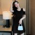 Women French Short Sleeves Dress Elegant Cold Shoulder Solid Color A line Skirt Casual High Waist Short Dress black L