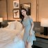 Women French Short Sleeves Dress Elegant Cold Shoulder Solid Color A line Skirt Casual High Waist Short Dress black L