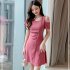 Women French Short Sleeves Dress Elegant Cold Shoulder Solid Color A line Skirt Casual High Waist Short Dress black L