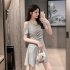 Women French Short Sleeves Dress Elegant Cold Shoulder Solid Color A line Skirt Casual High Waist Short Dress black L