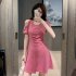 Women French Short Sleeves Dress Elegant Cold Shoulder Solid Color A line Skirt Casual High Waist Short Dress black L