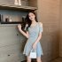 Women French Short Sleeves Dress Elegant Cold Shoulder Solid Color A line Skirt Casual High Waist Short Dress black L