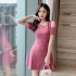 Women French Short Sleeves Dress Elegant Cold Shoulder Solid Color A line Skirt Casual High Waist Short Dress black L