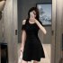 Women French Short Sleeves Dress Elegant Cold Shoulder Solid Color A line Skirt Casual High Waist Short Dress black L