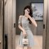 Women French Short Sleeves Dress Elegant Cold Shoulder Solid Color A line Skirt Casual High Waist Short Dress black L
