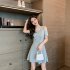 Women French Short Sleeves Dress Elegant Cold Shoulder Solid Color A line Skirt Casual High Waist Short Dress black L