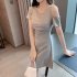 Women French Short Sleeves Dress Elegant Cold Shoulder Solid Color A line Skirt Casual High Waist Short Dress black L
