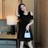 Women French Short Sleeves Dress Elegant Cold Shoulder Solid Color A line Skirt Casual High Waist Short Dress black L