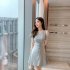 Women French Short Sleeves Dress Elegant Cold Shoulder Solid Color A line Skirt Casual High Waist Short Dress black L