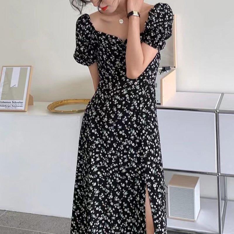 Women French Square Neck Dress Elegant Floral Printing High Waist A-line Skirt Short Puff Sleeves Casual Dress 772 As shown XL