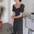 Women French Square Neck Dress Elegant Floral Printing High Waist A line Skirt Short Puff Sleeves Casual Dress 772 As shown XL