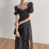 Women French Square Neck Dress Elegant Floral Printing High Waist A line Skirt Short Puff Sleeves Casual Dress 772 As shown XL