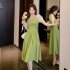 Women French Square Neck Dress Summer Puff Short Sleeve High Waist A line Skirt Elegant Solid Color Dress Avocado Green S