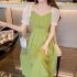 Women French Square Neck Dress Summer Puff Short Sleeve High Waist A line Skirt Elegant Solid Color Dress Avocado Green S