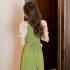 Women French Square Neck Dress Summer Puff Short Sleeve High Waist A line Skirt Elegant Solid Color Dress Avocado Green XL