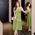 Women French Square Neck Dress Summer Puff Short Sleeve High Waist A line Skirt Elegant Solid Color Dress Avocado Green XL