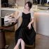 Women French Square Neck Dress Summer Puff Short Sleeve High Waist A line Skirt Elegant Solid Color Dress black L