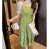 Women French Square Neck Dress Summer Puff Short Sleeve High Waist A line Skirt Elegant Solid Color Dress black L