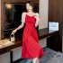 Women French Square Neck Dress Summer Puff Short Sleeve High Waist A line Skirt Elegant Solid Color Dress black L