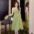 Women French Square Neck Dress Summer Puff Short Sleeve High Waist A line Skirt Elegant Solid Color Dress black L