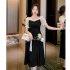 Women French Square Neck Dress Summer Puff Short Sleeve High Waist A line Skirt Elegant Solid Color Dress black L
