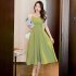 Women French Square Neck Dress Summer Puff Short Sleeve High Waist A line Skirt Elegant Solid Color Dress black L