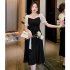 Women French Square Neck Dress Summer Puff Short Sleeve High Waist A line Skirt Elegant Solid Color Dress black L