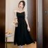 Women French Square Neck Dress Summer Puff Short Sleeve High Waist A line Skirt Elegant Solid Color Dress black L