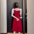 Women French Square Neck Dress Summer Puff Short Sleeve High Waist A line Skirt Elegant Solid Color Dress black 2XL