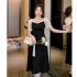 Women French Square Neck Dress Summer Puff Short Sleeve High Waist A line Skirt Elegant Solid Color Dress black 2XL