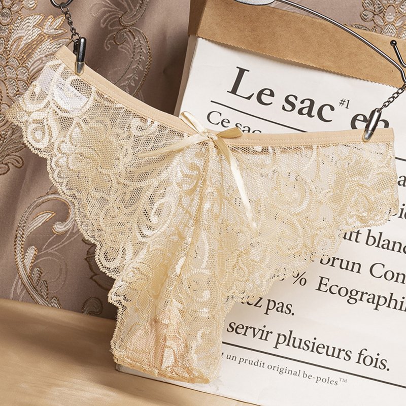 Women G-string Lace Briefs See-through Low Waist Sexy Underwear Cotton Crotch Erotic Panties apricot_One size