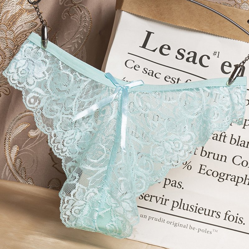 Women G-string Lace Briefs See-through Low Waist Sexy Underwear Cotton Crotch Erotic Panties Sky blue_One size
