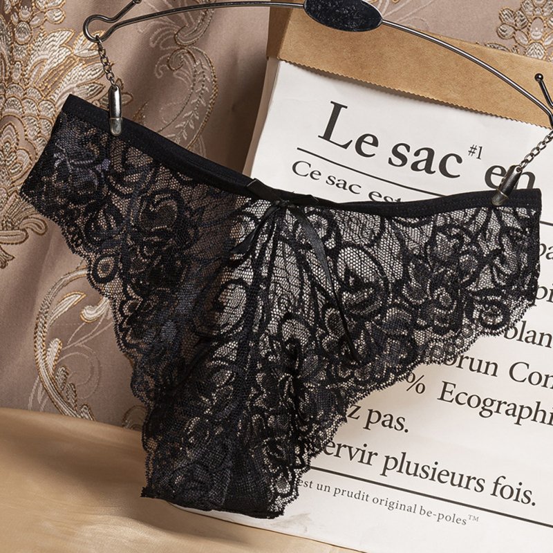 Women G-string Lace Briefs See-through Low Waist Sexy Underwear Cotton Crotch Erotic Panties black_One size