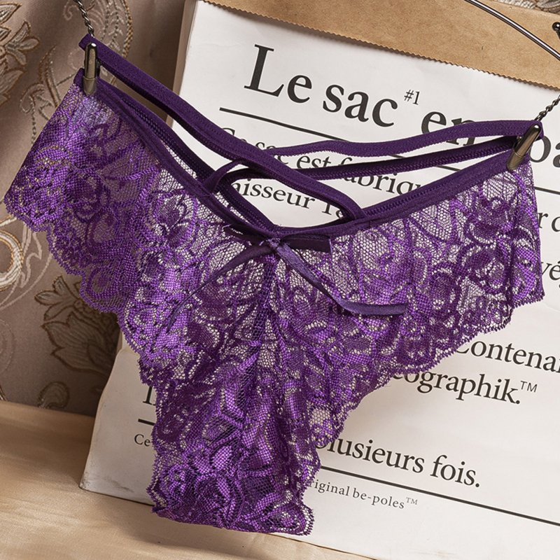 Women G-string Lace Floral Thin Cross Ribbon Low Waist Sexy Underwear Erotic Briefs Panties purple_M Within 52.5kg