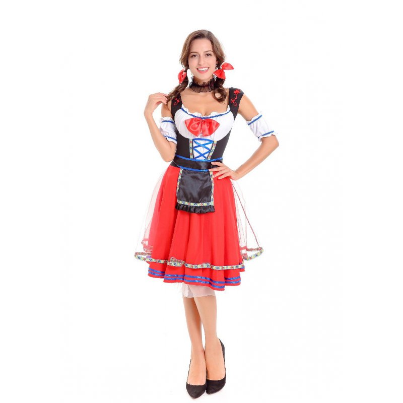 Women Girl Oktoberfest Costume Dress Retro Lady Mesh Dress for Halloween Party red_XL