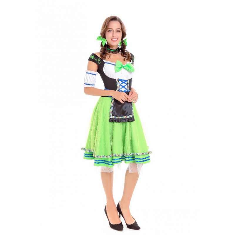 Women Girl Oktoberfest Costume Dress Retro Lady Mesh Dress for Halloween Party green_XL