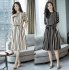 Women Girls Elegant Stripes Pattern Tight Waist Dress  black 2XL