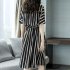 Women Girls Elegant Stripes Pattern Tight Waist Dress  black 2XL